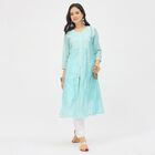 Women's Bright Aqua Blue V-Neck Embroidered Flared Kurta, एक्वा, small image number null