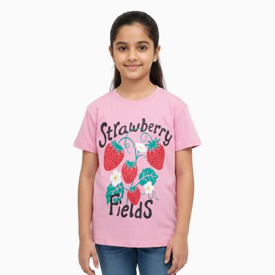 Girls Bright Pink Cotton Round Neck Casual T-Shirt