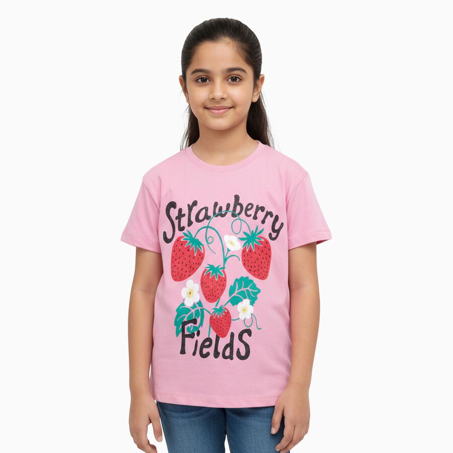 Girls Bright Pink Cotton Round Neck Casual T-Shirt, गुलाबी, large