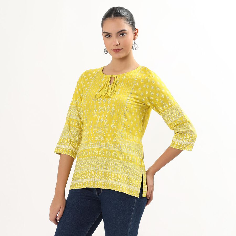 Women's Bright Yellow Round Neck Placement Printed Kurti, Yellow, large image number null