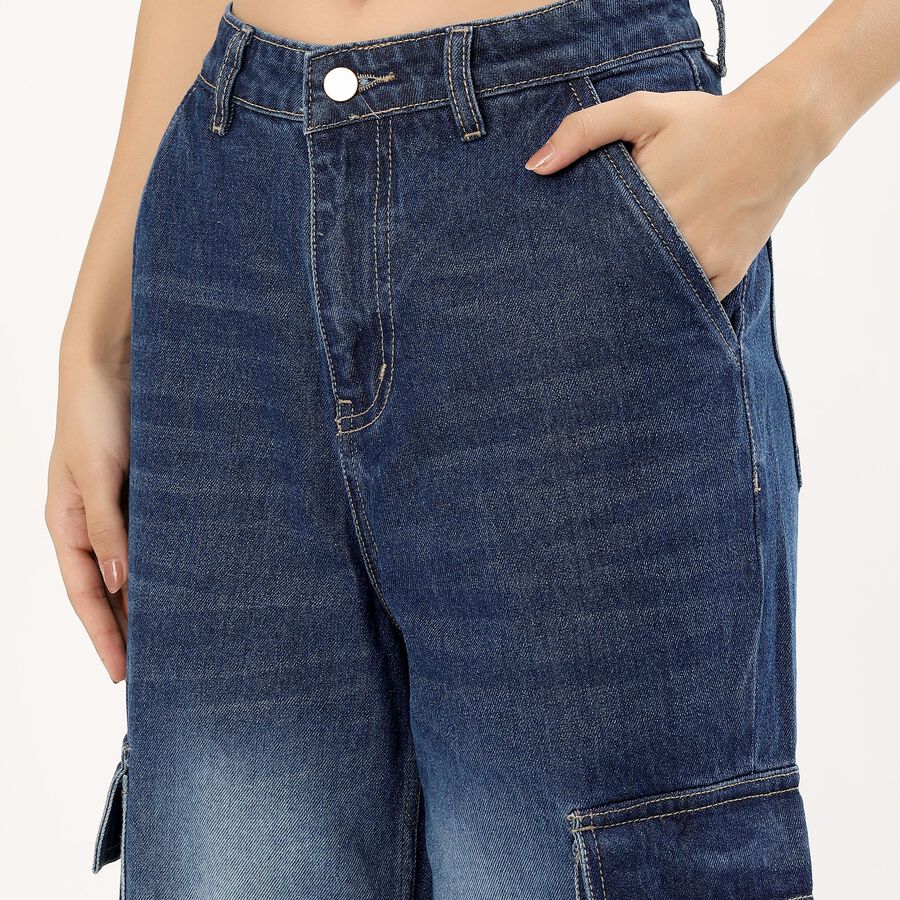 Women's Stonewashed Blue Wide-Leg Cargo Jeans, Dark Blue, large image number null