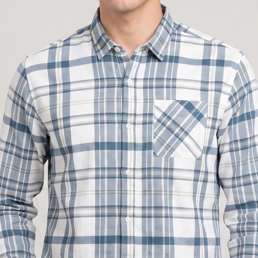 Men's Blue Cotton Long Sleeve Spread Collar Shirt, Mid Blue, large