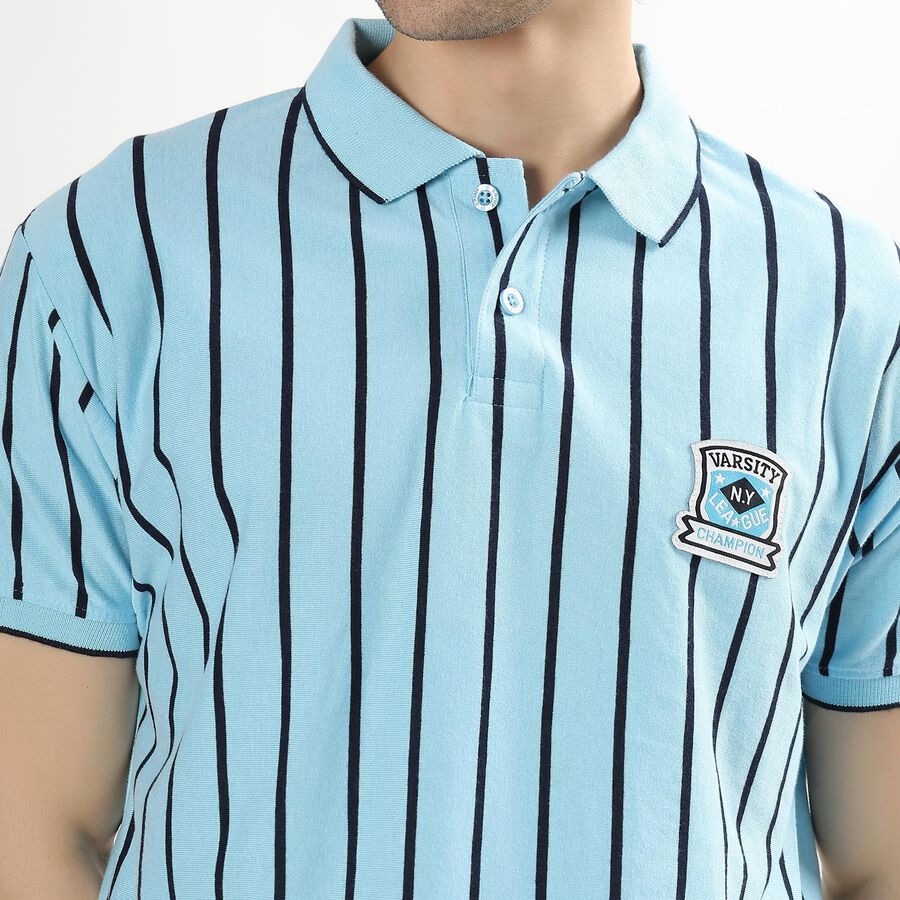 Men's Light Blue Polo Neck Striped T-Shirt, हल्का नीला, large image number null