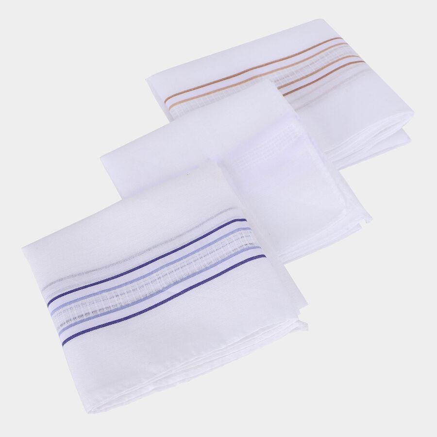Men's White Striped Pack of 3 Handkerchief, सफ़ेद, large