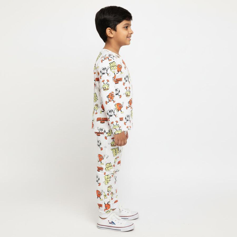 Boys' White Cotton Round Neck Cartoon Printed Baba Suit, सफ़ेद, large image number null