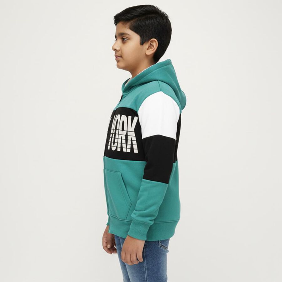 Boys' Dark Teal Green Hooded Neck Streetwear Sweatshirt, गहरा हरा, large image number null
