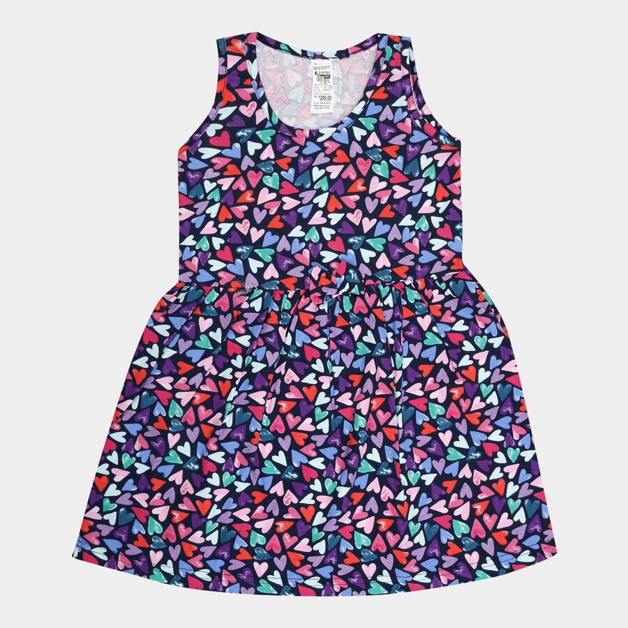 Girls Cotton Printed Dress, Navy Blue, large image number null