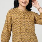 Women's Mustard Mandarin Collar Printed Straight Kurti, Mustard, small