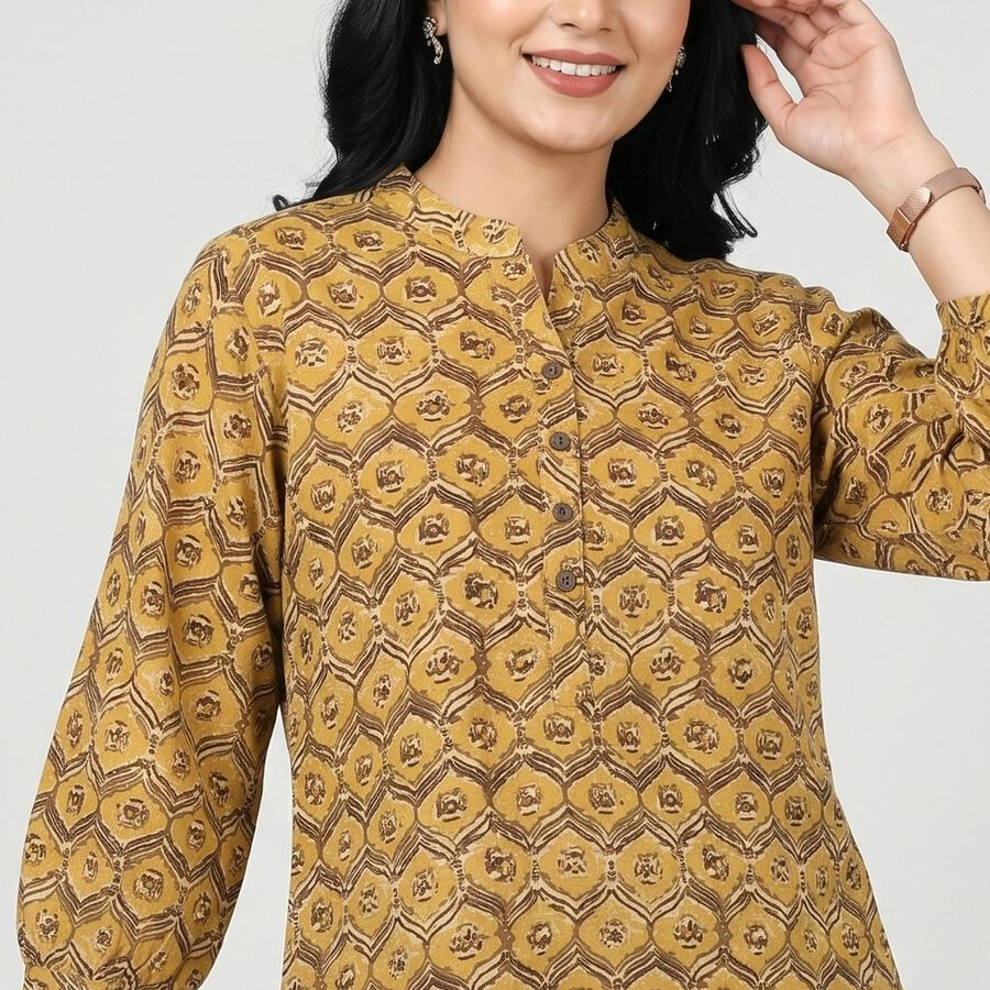 Women's Mustard Mandarin Collar Printed Straight Kurti, Mustard, large