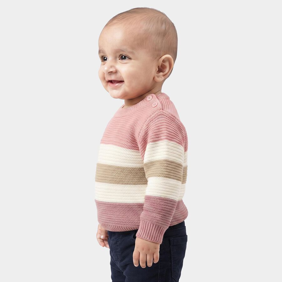 Infants' Pink Crew Neck Striped Pullover, गुलाबी, large