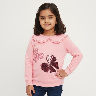 Girls Light Pink Ruffle Collar Casual Sweatshirt