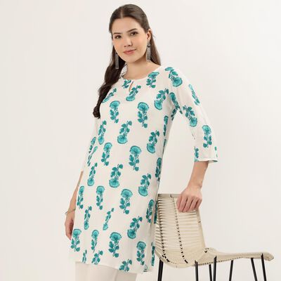 Women's Teal Notch Neck Floral Printed Kurta