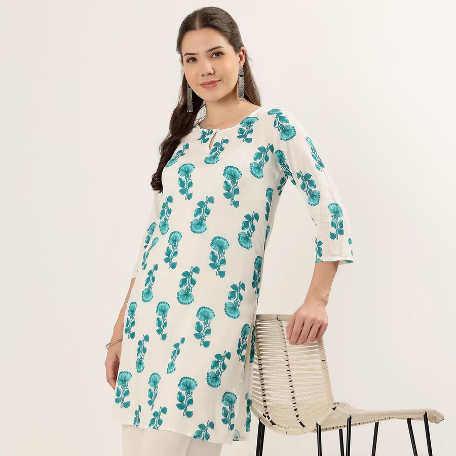 Women's Teal Notch Neck Floral Printed Kurta, एक्वा, large