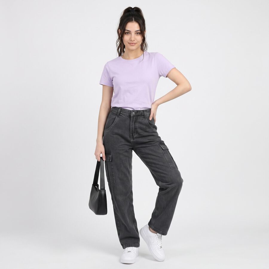 Women's Charcoal Straight Fit Cargo Jeans, Dark Grey, large