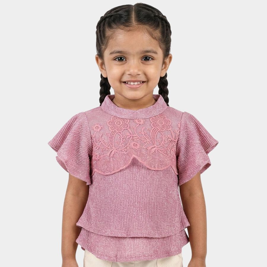 Girls' Pink Mock Neck Romantic T-Shirt, गुलाबी, large