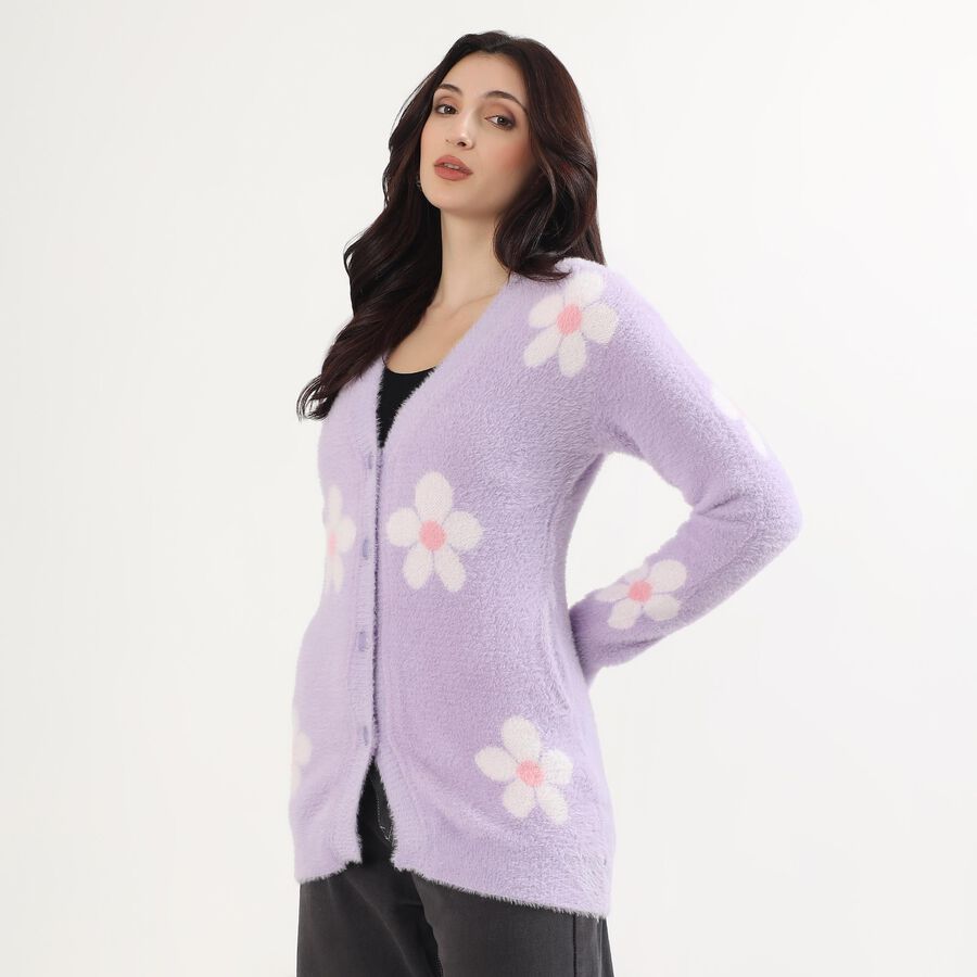 Women's Lavender Purple V-Neck Casual Cardigan, Lilac, large image number null