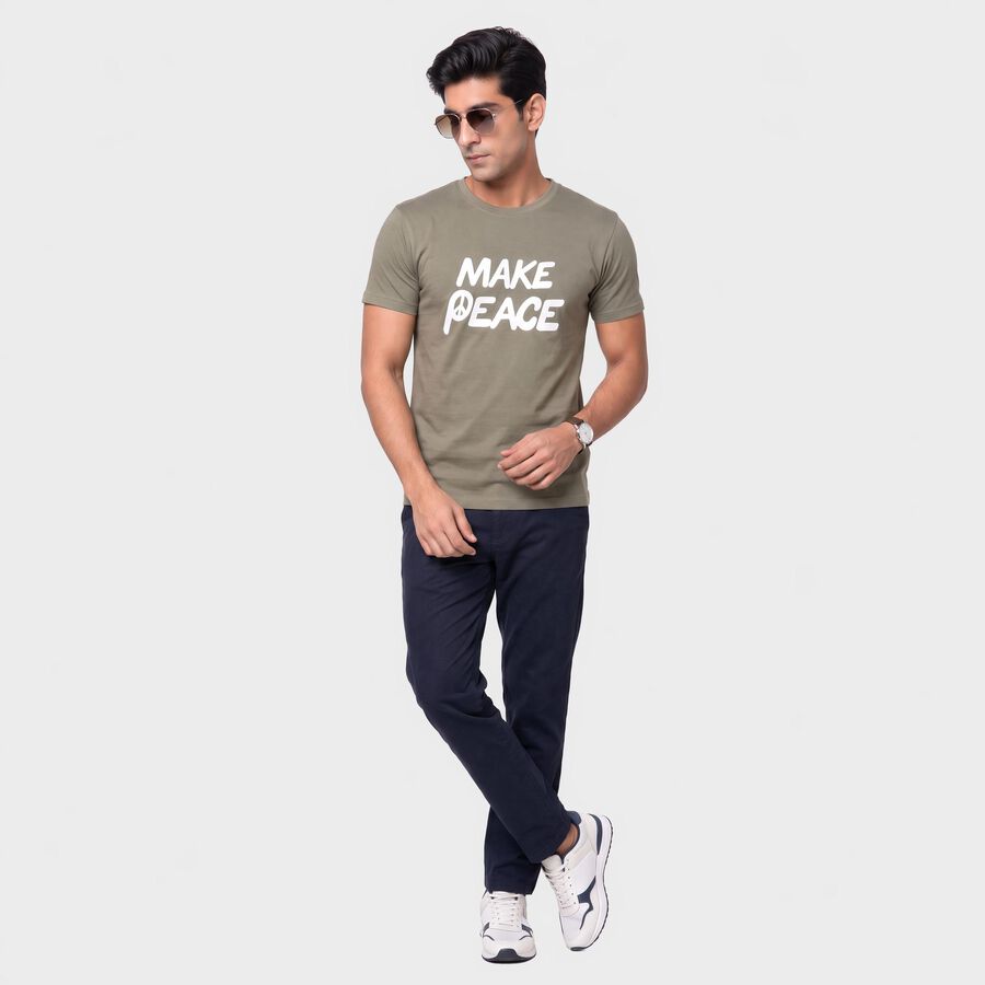 Men's Olive Green Round Neck Regular T-Shirt, Light Green, large