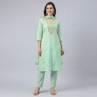Women's Green Notch Neck Self Design Kurta