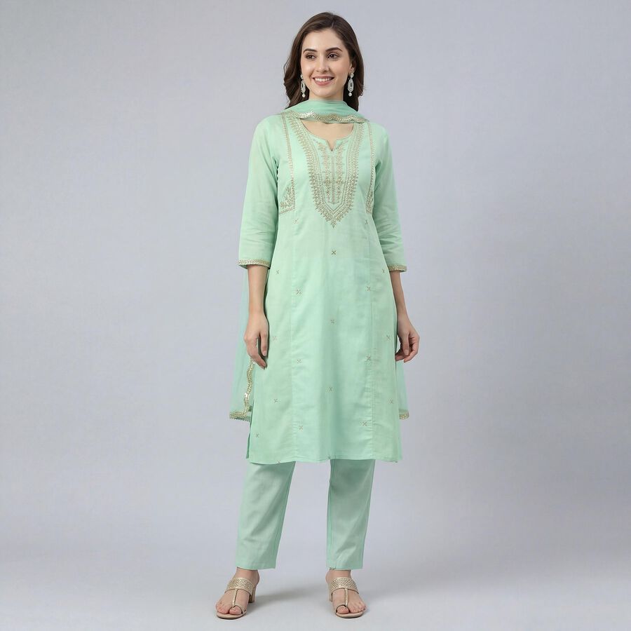 Women's Green Notch Neck Self Design Kurta, Light Green, large