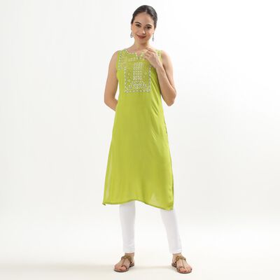 Women's Bright Lime Green Notch Neck Embroidered Kurta