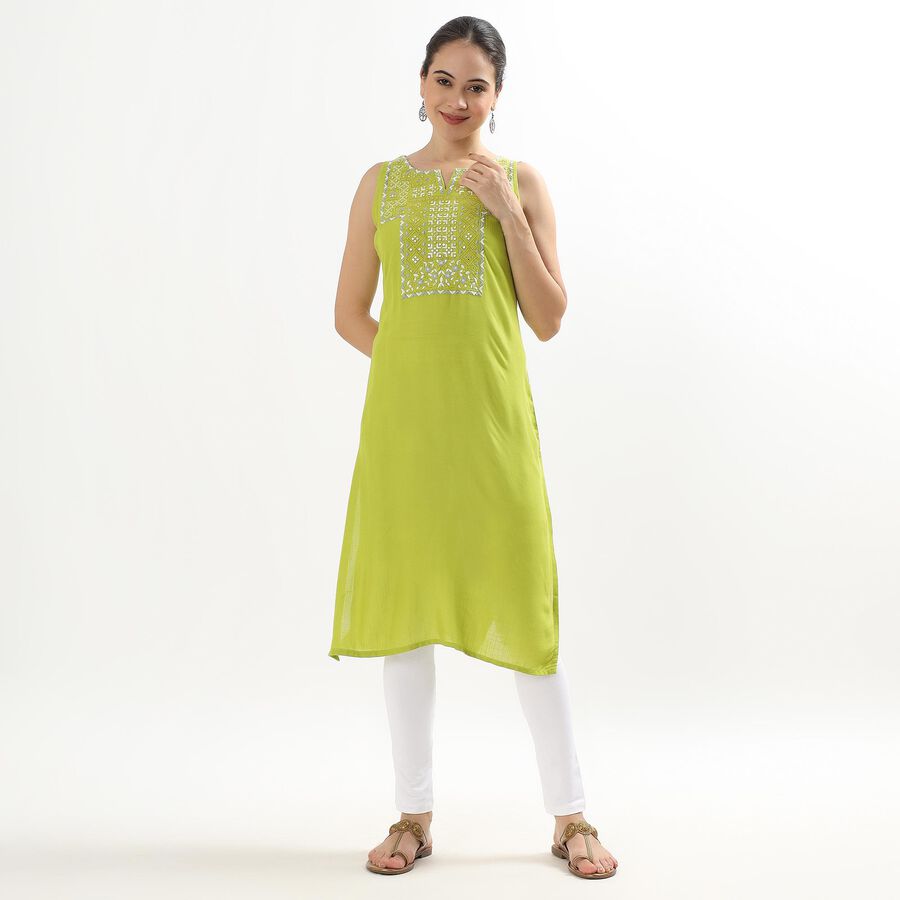 Women's Bright Lime Green Notch Neck Embroidered Kurta, हल्का हरा, large image number null