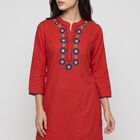 Women's Red Notch Neck Embroidered Kurta, Red, small