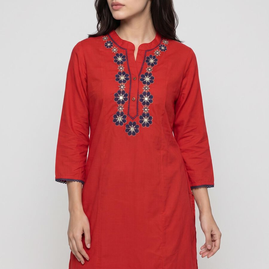 Women's Red Notch Neck Embroidered Kurta, Red, large