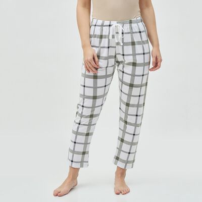 Women's White and Olive Checkered Elastic Waist Pyjama