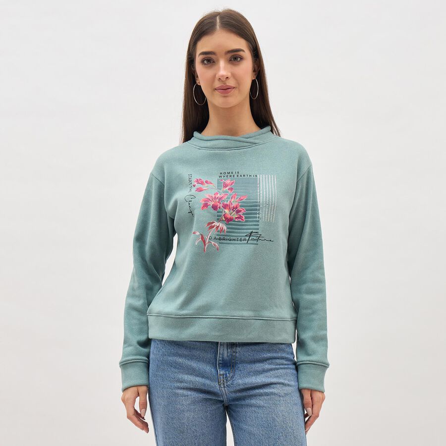 Women's Light Sage Green Crew Neck Casual Sweatshirt, हल्का हरा, large image number null