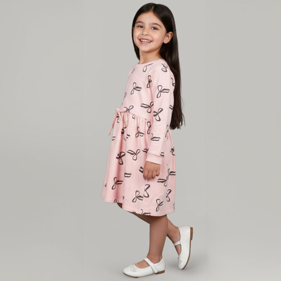 Girls' Soft Pink Bow Print A-Line Frock, Light Pink, large image number null