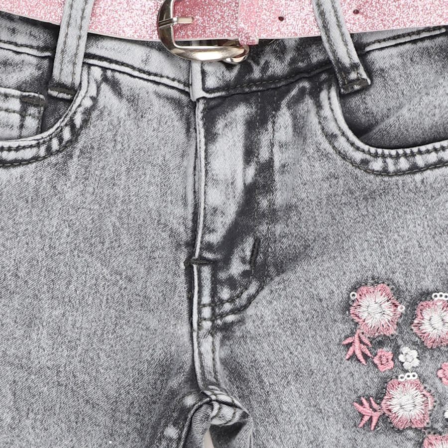 Girls Light Washed Grey Slim Fit Embroidered Jeans, हल्का ग्रे, large image number null