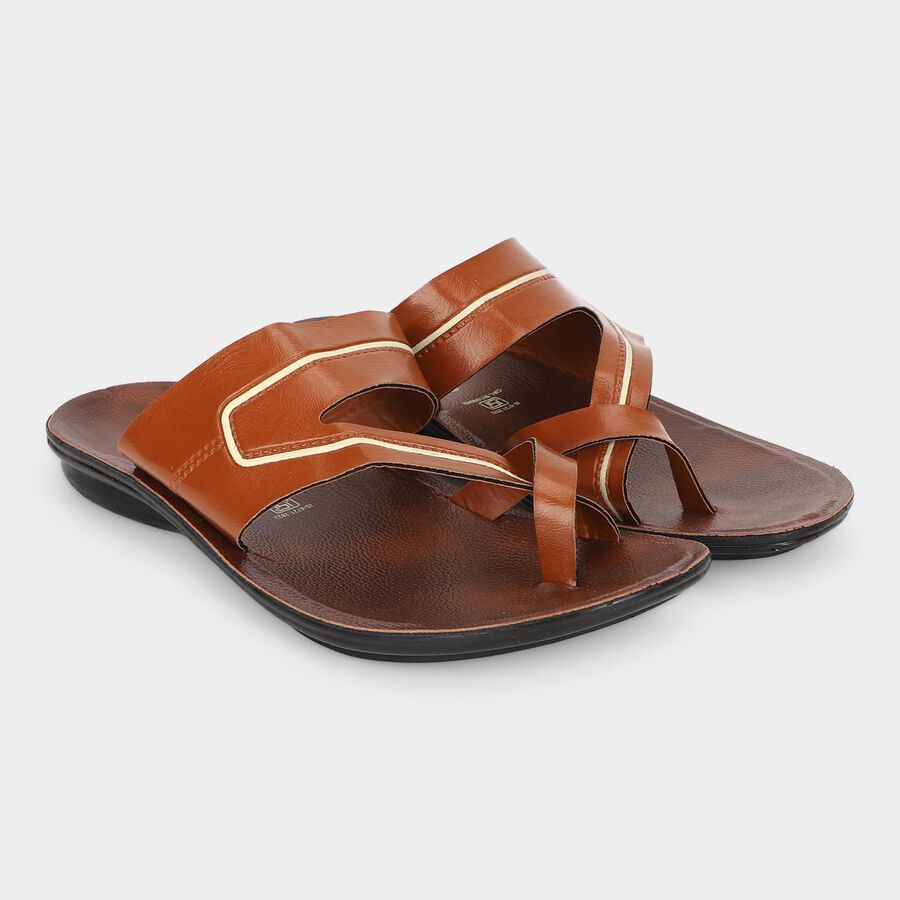 Men's Tan Toe-Loop Slip-On Sandals, टैन, large
