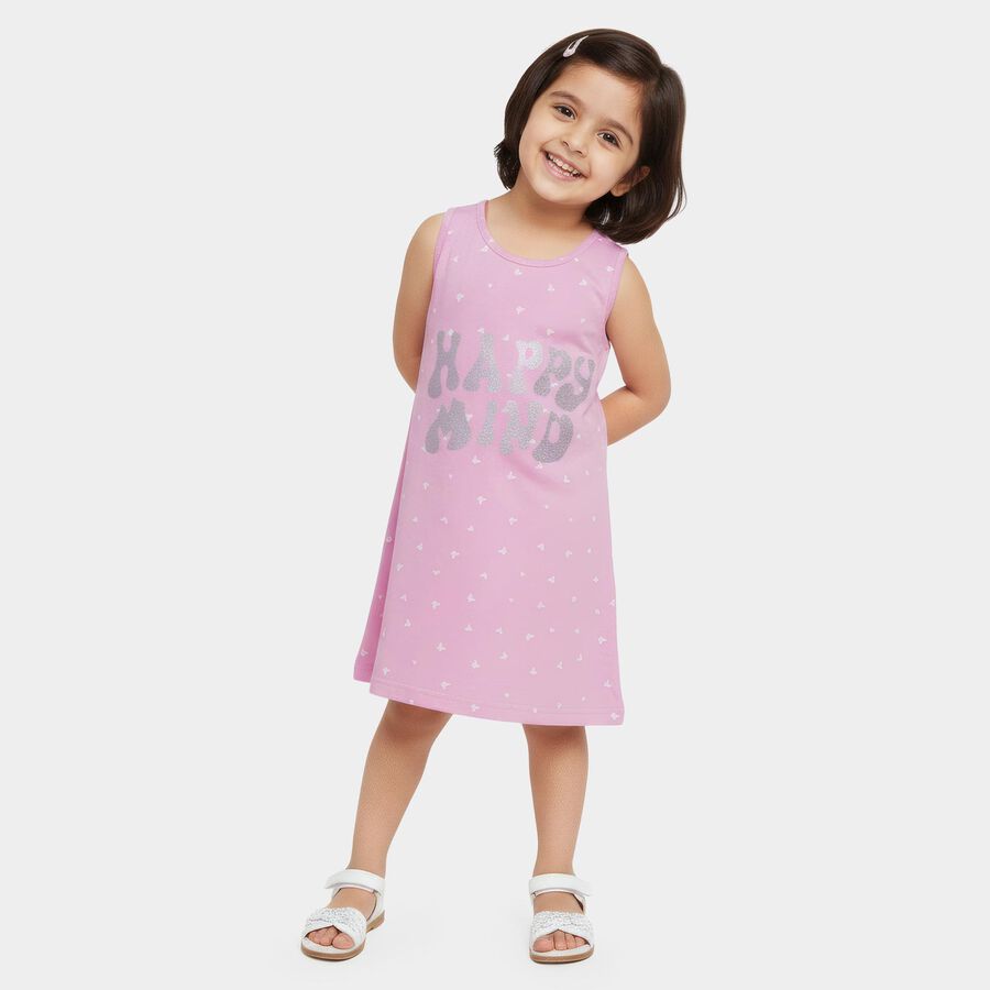 Girls' Lilac Glitter Print Sleeveless A-Line Frock, लाइलेक, large