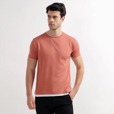Men's Muted Coral Round Neck Textured T-Shirt