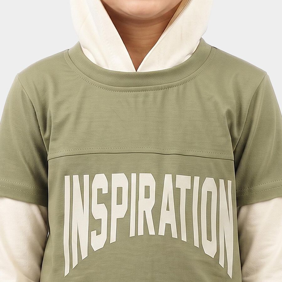Boys Olive Green Cotton Blend Hooded Neck Regular Boys T-Shirt, Olive, large