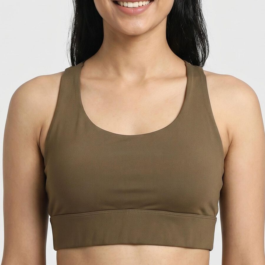 Women's Brown Scoop Neck Sports Bra, भूरा, large