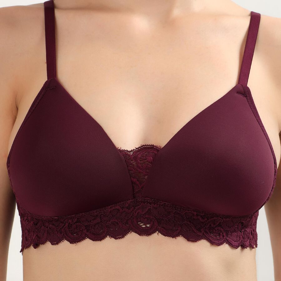Women's Deep Maroon Padded V-Neck Classic Bra, वाइन, large
