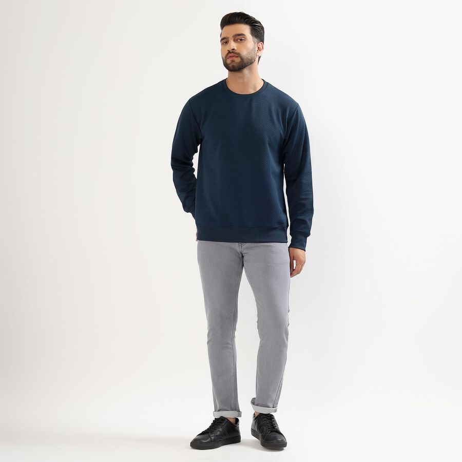 Men's Deep Navy Blue Crew Neck Textured Sweatshirt, Teal Blue, large image number null