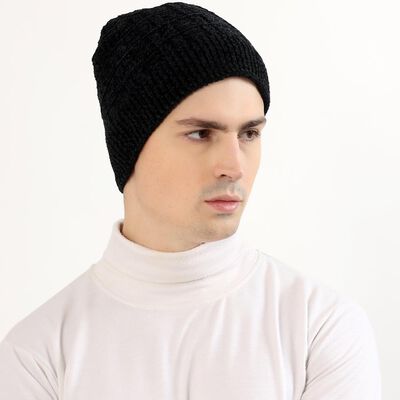 Men's Jet Black Textured Beanie Cap