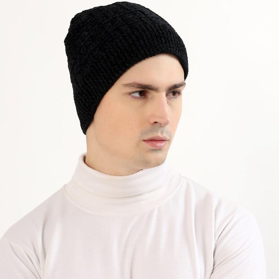 Men's Jet Black Textured Beanie Cap, Black, large image number null