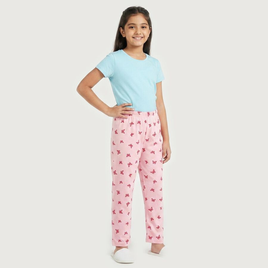 Girls Pink Straight Fit Butterfly Printed Cotton Blend Pyjama, गुलाबी, large