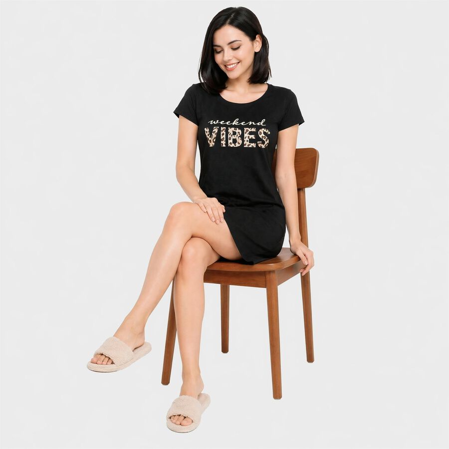 Women's Black Round Neck T-Shirt Style Nighty, काला, large