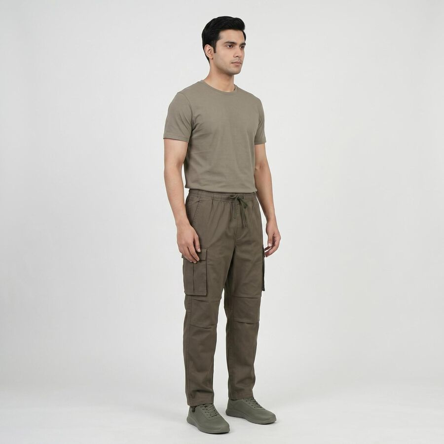 Men's Olive Green Slim Fit Casual Trousers, Olive, large
