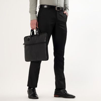 Men's Dark Charcoal Black Slim Fit Flat-Front Formal Trousers