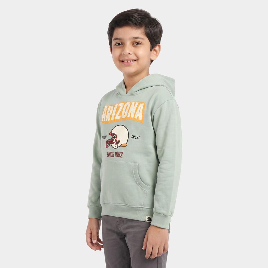 Boys' Mint Green Hoodie Neck Graphic Print Sweatshirt, हल्का हरा, large