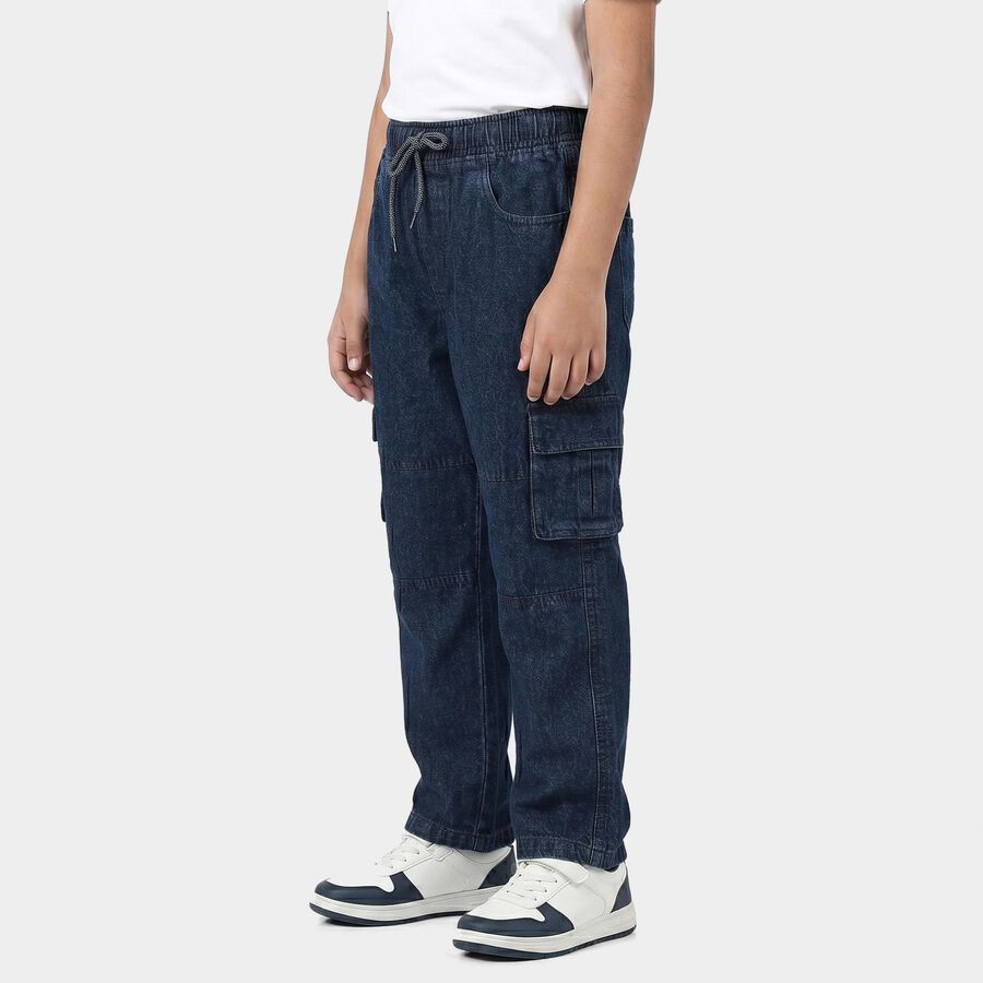 Boys' Navy Blue Straight Fit Cargo Jeans, मध्यम नीला, large