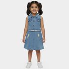Girls' Blue Regular Fit Floral Patched Sleeveless Denim Frock, Light Blue, small
