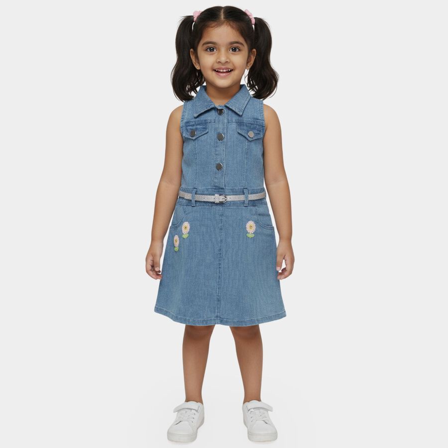 Girls' Blue Regular Fit Floral Patched Sleeveless Denim Frock, Light Blue, large