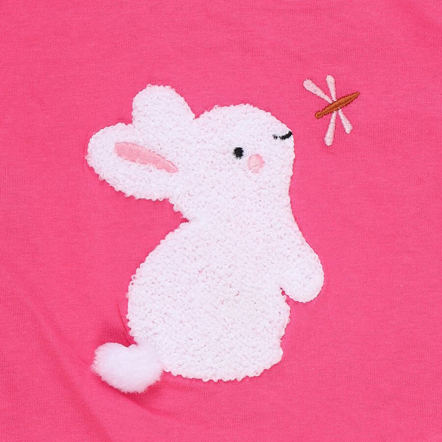 Girls' Fuchsia Cotton Round Neck Ruffle Sleeve Bunny Applique T-Shirt, Fuchsia, large