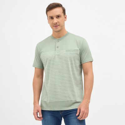 Men's Light Sage Green Henley Neck Casual T-Shirt